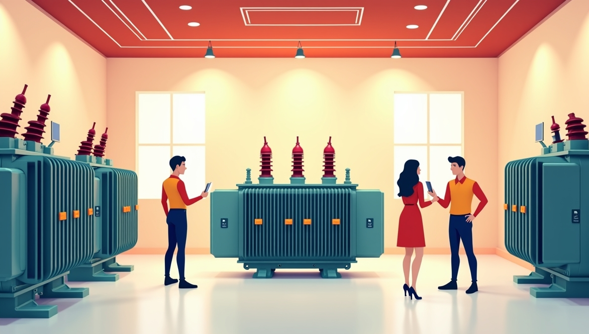 Sales team discussing transformer specifications in a showroom